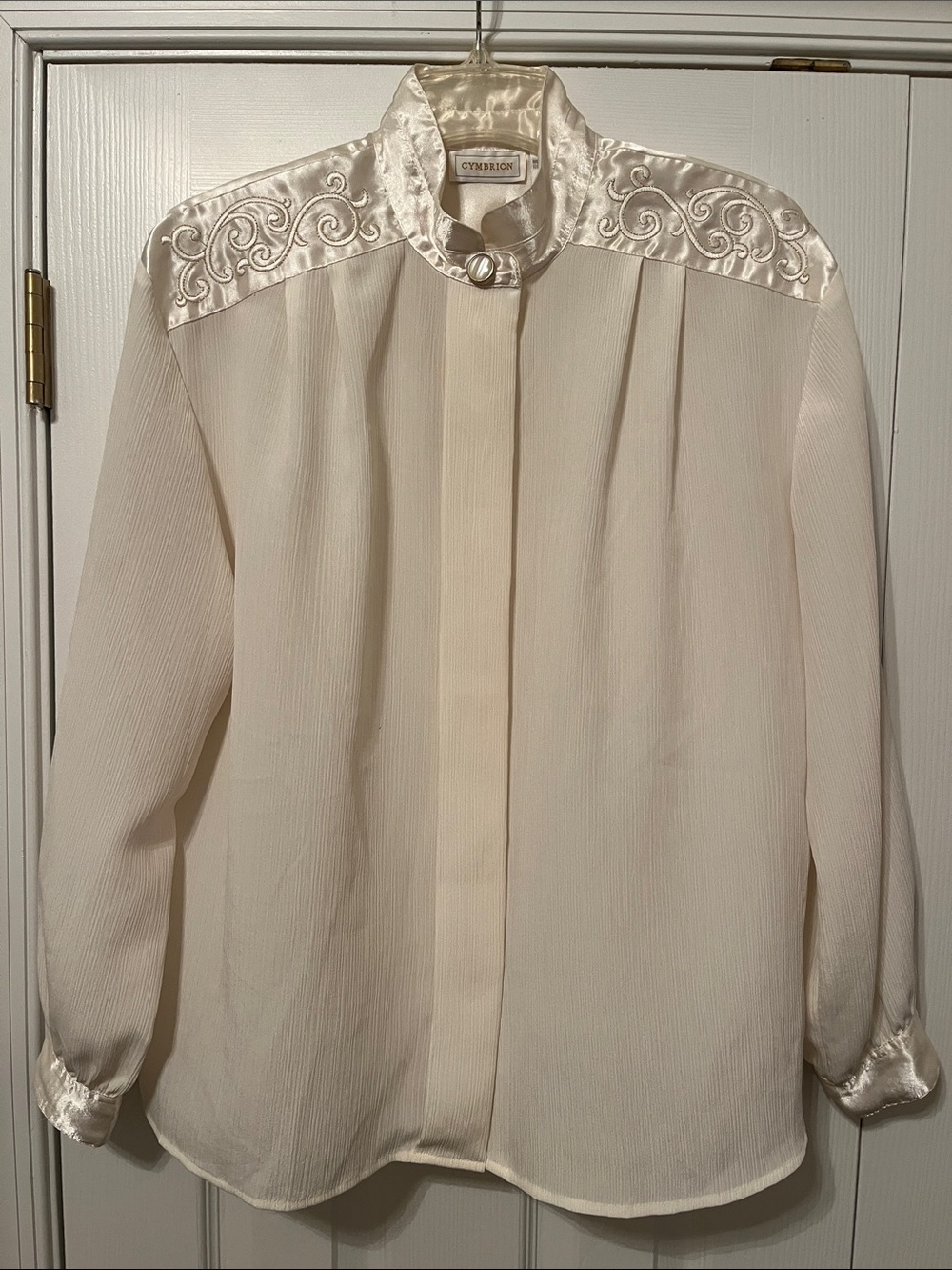 Vintage Ivory Blouse Pleated Fabric Embroidered Satin Panels on Shoulders